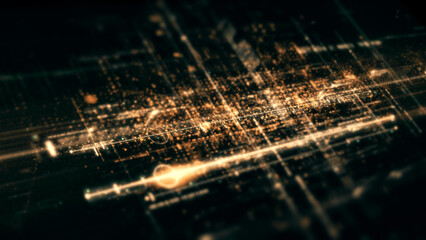 Futuristic abstract de-focus flowing data matrix, meta, metaverse, telemetry and encrypt numbers display with particles simulation in cyber space environment for head up display background