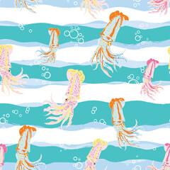 Fototapeta na wymiar Octopus Vector Seamless Pattern Wallpaper Art, Octopus illustration On Wave Background