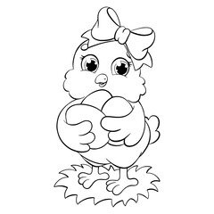 A cute chick is holding Easter eggs. Coloring book page for kids. Cartoon style character. Vector illustration isolated on white background.