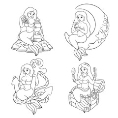 Fototapeta na wymiar Set of cute mermaids. Coloring page for kids. Digital stamp. Cartoon style character. Vector illustration isolated on white background.