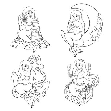 Set of cute mermaids. Coloring page for kids. Digital stamp. Cartoon style character. Vector illustration isolated on white background.