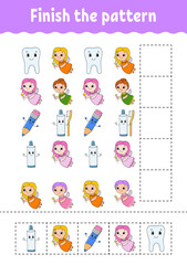 Finish the pattern. Cut and play. Education developing worksheet. Activity page. cartoon character. Vector illustration.