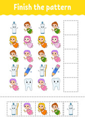 Finish the pattern. Cut and play. Education developing worksheet. Activity page. cartoon character. Vector illustration.