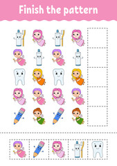 Fototapeta na wymiar Finish the pattern. Cut and play. Education developing worksheet. Activity page. cartoon character. Vector illustration.