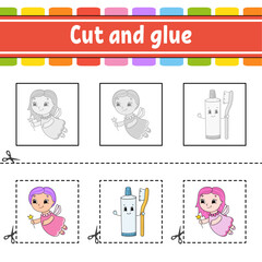 Cut and glue. Game for kids. Education developing worksheet. Color activity page. cartoon character.