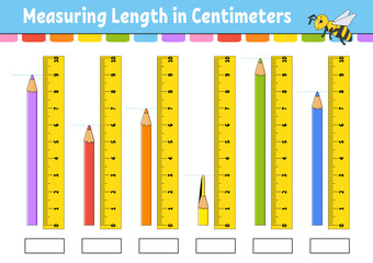 Measuring length in centimeter with ruler. Education developing worksheet. Game for kids. Color activity page. Puzzle for children. Cute character. Vector illustration. cartoon style. - obrazy, fototapety, plakaty