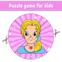Cut and play. Round puzzle. Logic puzzle for kids. Activity page. Cutting practice for preschool. cartoon character.