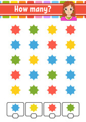 Counting game for children. Happy characters. Learning mathematics. How many object in the picture. Education worksheet. With space for answers. Isolated vector illustration in cute cartoon style.