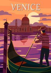 Retro Poster Venice Italia. Sunset Grand Canal, gondolier, architecture, vintage style card. Vector illustration postcard © hadeev