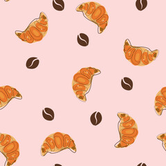 Breakfast croissant and coffee seamless doodle vector pattern hand drawn sketch