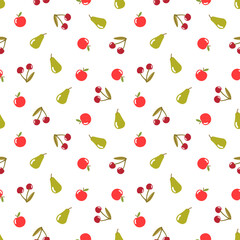 Fruit seamless pattern apple, pear, sweet cherry and leaves. Flat style vector illustration on white background.