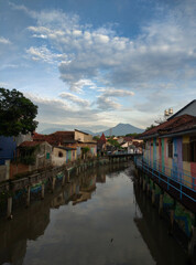 Beautiful morning view of mountains, blue sky, and clouds around Banyuwangi city, Indonesia. 