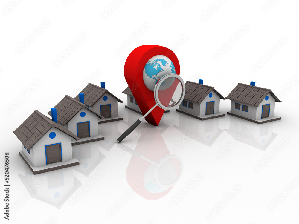 Poster 3d illustration search for property. a map with large red gps pointer containing