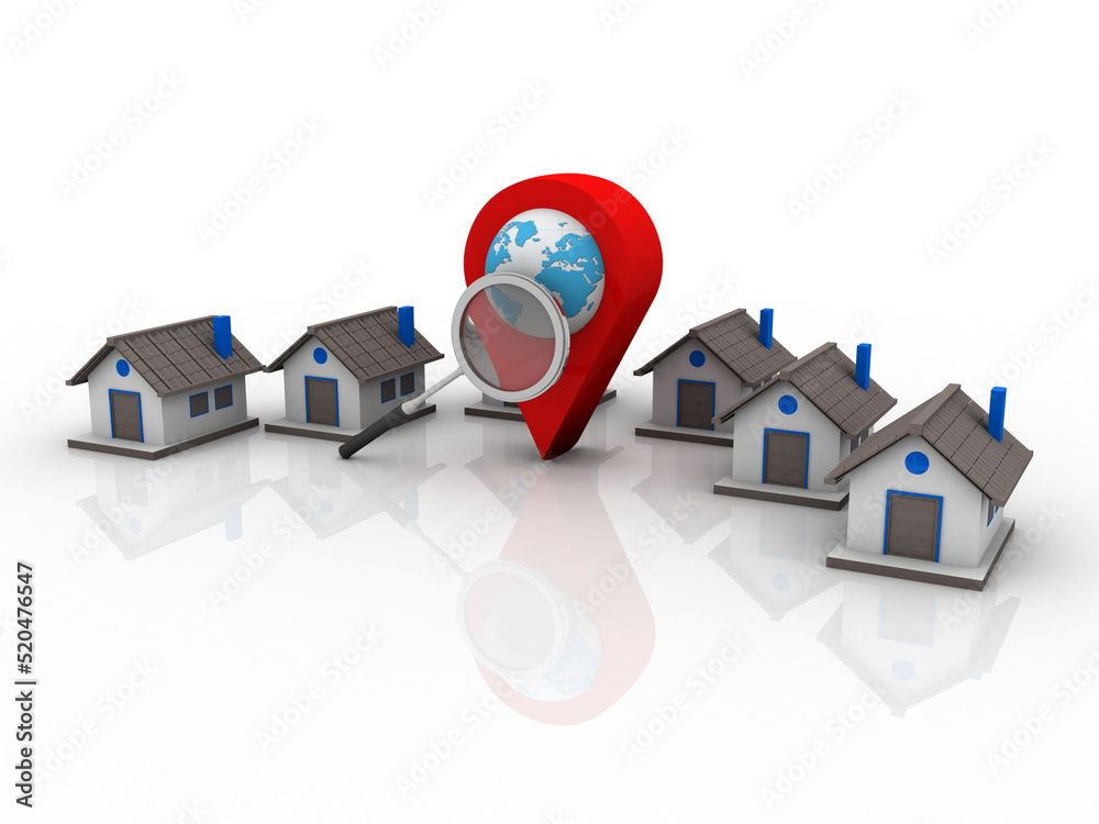 Poster 3d illustration search for property. a map with large red gps pointer containing