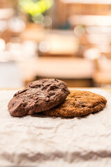 Delicious chocolate and honey cookies on a restaurant bar