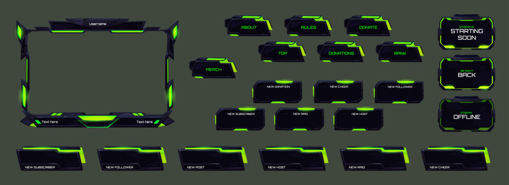 Game live video stream interface elements in futuristic style. Vector cartoon overlay panels and frames with green neon light. Online streaming banners and menu bars isolated on background