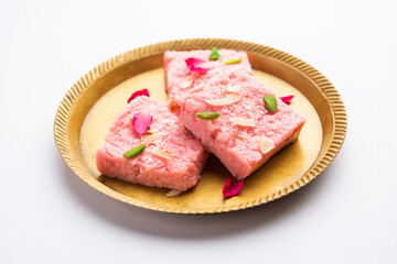 Rose Kalakand pink barfi or burfi also known as flavoured Mishri Mava Or Khoa Milkcake mithai