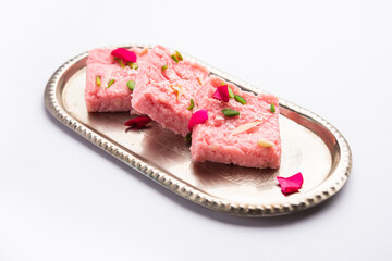 Rose Kalakand pink barfi or burfi also known as flavoured Mishri Mava Or Khoa Milkcake mithai