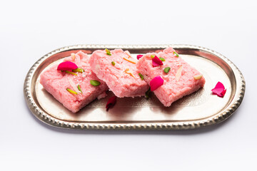 Rose Kalakand pink barfi or burfi also known as flavoured Mishri Mava Or Khoa Milkcake mithai