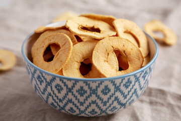 Homemade apple chips in a bowl, side view.