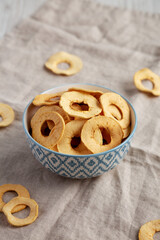 Homemade apple chips in a bowl, side view.