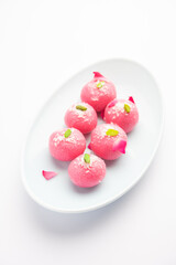 Delicious Pink Chumchum or rose flavour cham cham or Rasgulla or Rasagola, Rosogola, Rosogolla