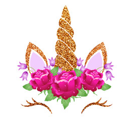 Fabulous cute unicorn with golden horn and beautiful roses, bluebells flowers wreath isolated on white background © Marisha