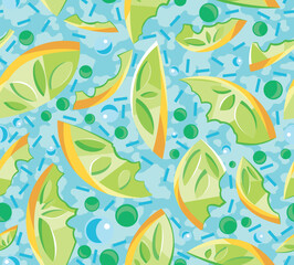 Cute lemon seamless pattern. Cartoon summer fresh fruit slice, sliced lime. Lemonade repeat texture for wallpaper, background, tropical fabric design print. Vector illustration