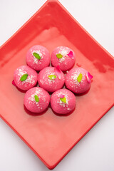 Delicious Pink Chumchum or rose flavour cham cham or Rasgulla or Rasagola, Rosogola, Rosogolla