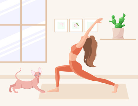 A woman does yoga at home. A healthy lifestyle. Cartoon zine.
