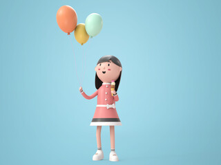 3D illustration lovely girl holding icecream and balloon rendering