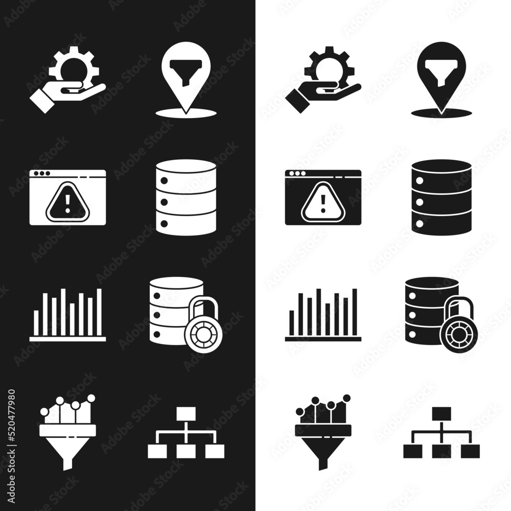 Canvas Prints Set Server, Data, Web Hosting, Browser with exclamation mark, Hand settings gear, Location sales funnel, Pie chart infographic, security lock, Hierarchy organogram and Sales icon. Vector