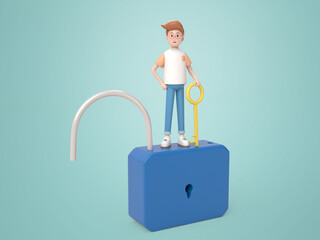 3d cartoon character man standing on padlock