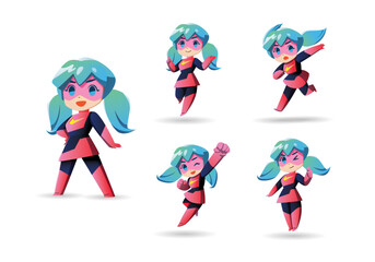pink black colorful twin tail Super Hero Girl Mascot Character Set - obrazy, fototapety, plakaty
