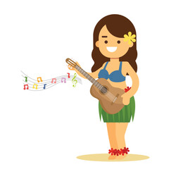 Hawaiian girl in grass skirt dancing and hibiscus