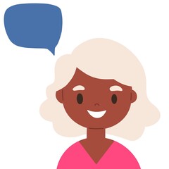 Flat illustration of a woman in colorful clothes. icon for WEB with speech bubble