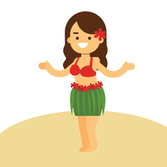 Hawaiian girl in grass skirt dancing and hibiscus