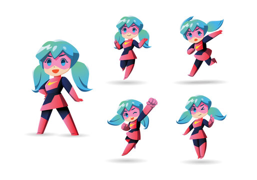 Fototapeta pink black colorful twin tail Super Hero Girl Mascot Character Set