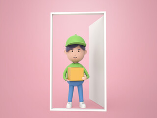 3D character young delivery man holding parcel at home door