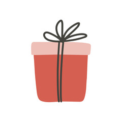Single red Birthday gift box in doodle style. Cute hand drawn vector illustration. Holiday present for your design - poster, bag, t shirt, greeting card, invitation, bag.
