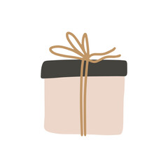 Single beige color Birthday gift box in doodle style. Cute hand drawn vector illustration. Holiday present for your design - poster, bag, t shirt, greeting card, invitation, bag.