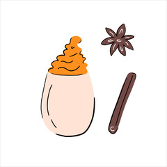 Set of orange autumn drink with spice cinnamon. Vector graphic for poster, postcard, t shirt design. Hand drawn outline illustration in doodle style.
