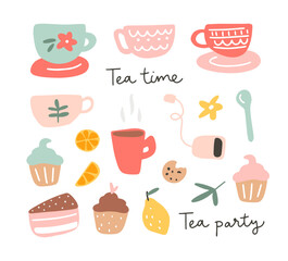 A set with tea cups, cupcakes isolated on a white background. Hand drawn flat vector illustration. Tea time lettering typography. Collection of graphic elements for your design.