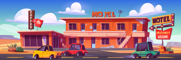 Old motel with cafe and parking in desert. Vector cartoon illustration of desert landscape with small hotel building with staircase, diner, billboard and road with cars