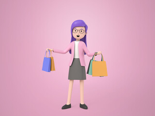 Young woman glasses holding shopping bags on isolated background