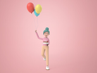 Happy young girl holding birthday cake and balloon on isolated background