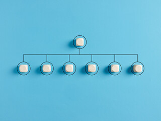 Blank company hierarchical organizational chart of wooden cubes on blue background. - obrazy, fototapety, plakaty