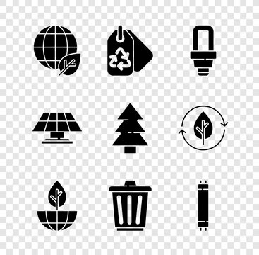 Set Earth globe and leaf, Tag with recycle, LED light bulb, plant, Trash can, Fluorescent lamp, Solar energy panel and Christmas tree icon. Vector