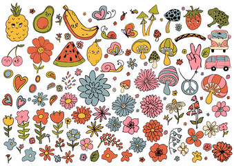 Retro 70s hippie kids illustratoin set. Psychedelic groovy style fruit and flower summer clip art.