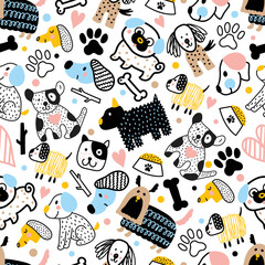 Cute doggie. Funny children's seamless pattern. Can be used in textile industry, paper, background, scrapbooking.Vector.